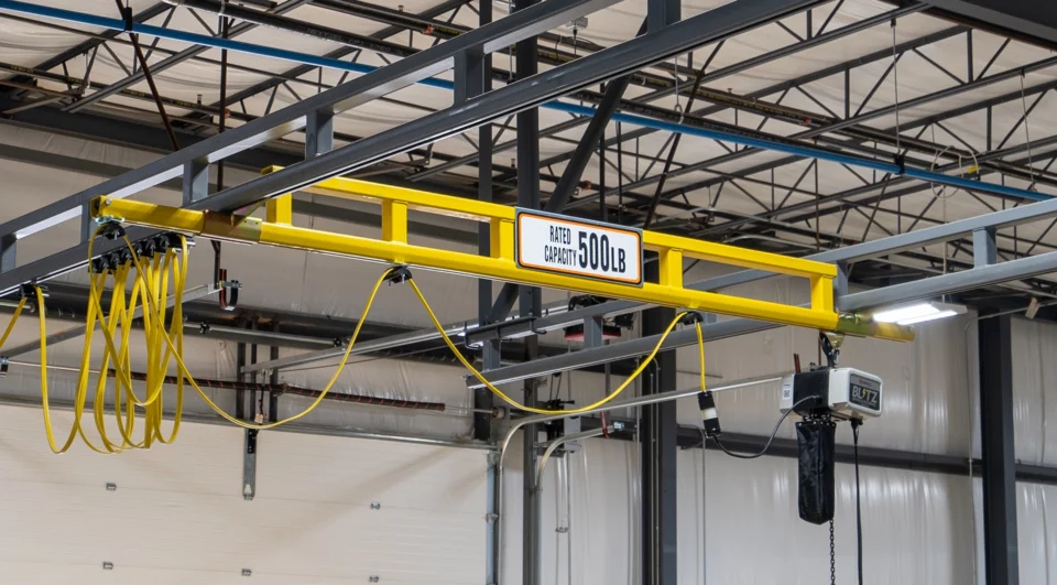 Blitz hoist operating in a workstation crane manufactured with 300 series track